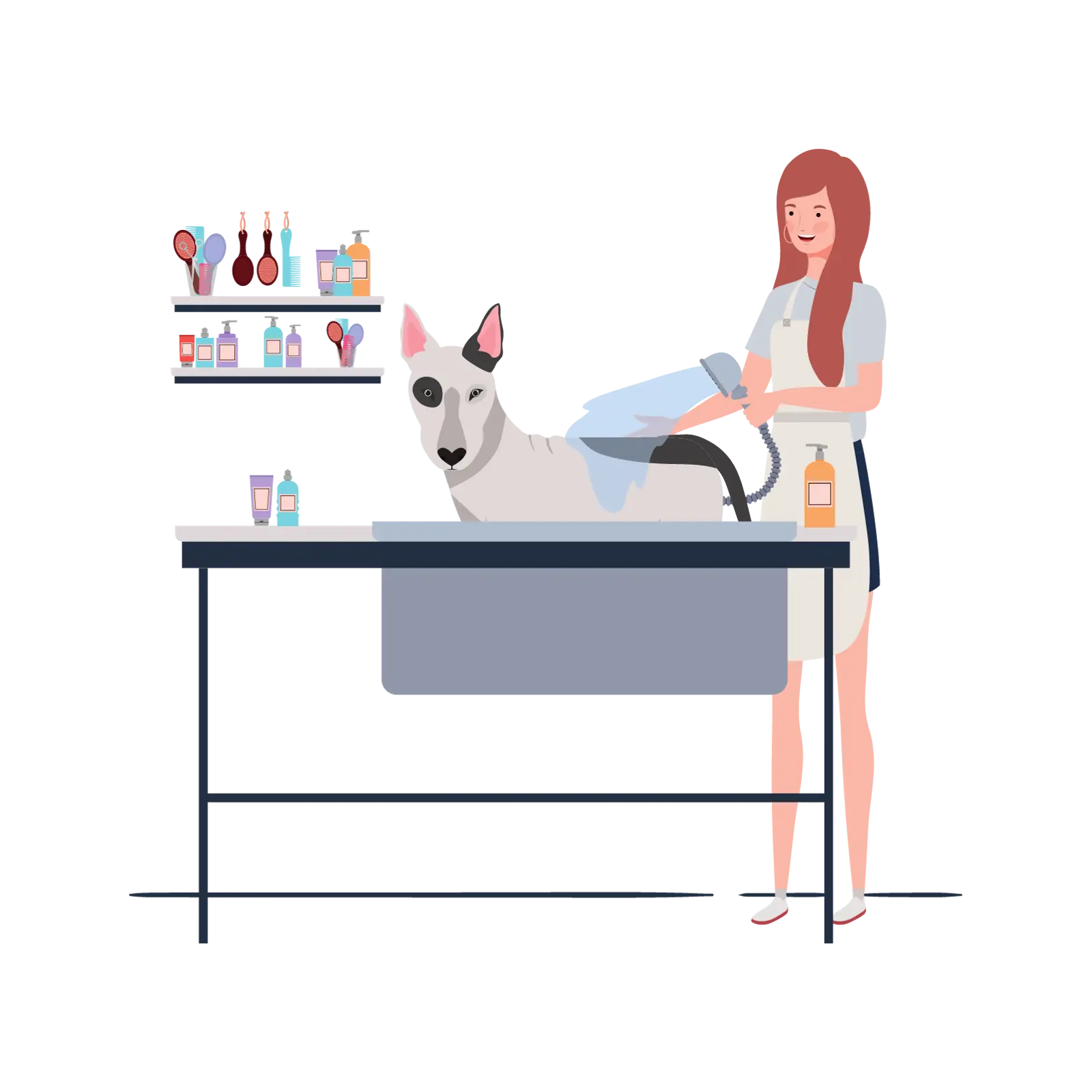 Illustration d'une toiletteuse souriante en train de laver un chien blanc sur une table de toilettage, avec des étagères remplies de produits de soins en arrière-plan.