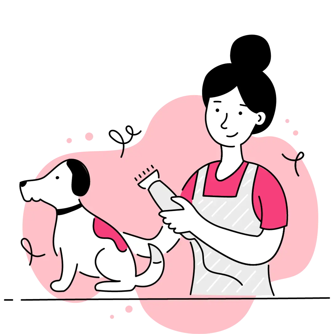 Illustration toiletteuse s'apprêtant à effectuer une tonte sur un petit chien sur un décor fond rose clair